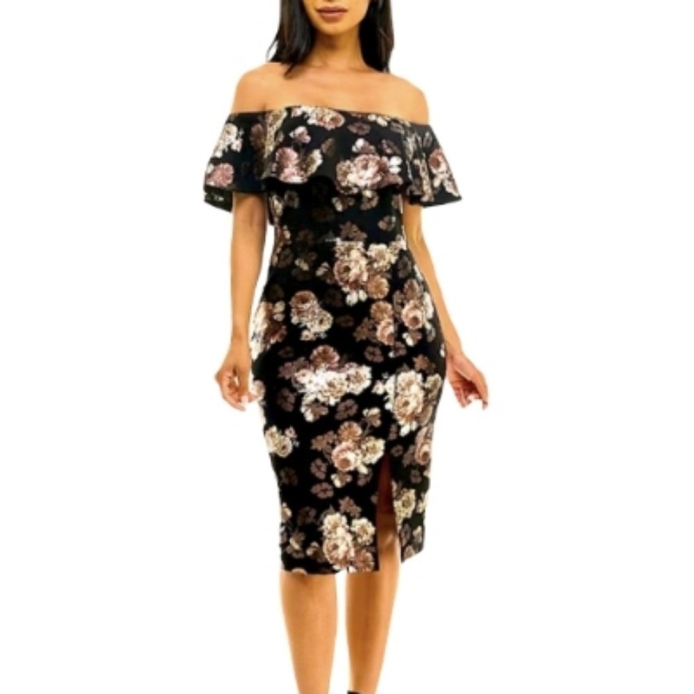 Premier Amour‎ Floral Foil Off Shoulder Midi Bodycon Sheath Dress Size 8 New